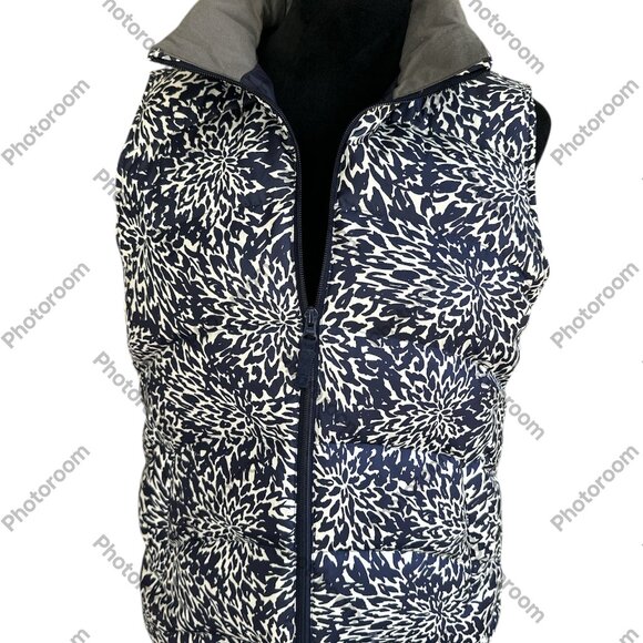 Land's End  Medium Navy & Ivory Floral Zip Quilted Sleeveless Vest Down Filling - Picture 1 of 5